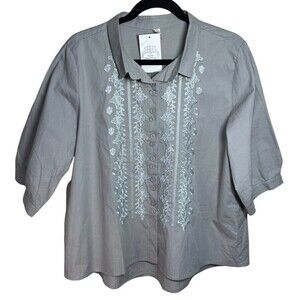 Floral Blooming Women's NWT Gray Floral Embroidered Puff‎ Sleeve XXL Button Up